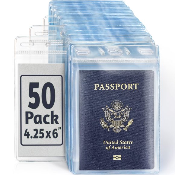 EcoEarth Porte-Passeports et Cartes d'Identification avec Bord Souple (Transparent, 4x6 Pouces, Lot de 50), Porte-Identité Vertical Extra Grand, Porte-Badge en Plastique Sans Fermeture Éclair