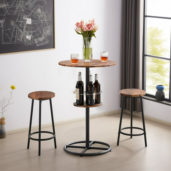 VECELO 3-Piece Bar Table Set with Wine Rack, Round Bistro Table with 2 Stools for Breakfast Nook, Dining Room, Kitchen, Brown