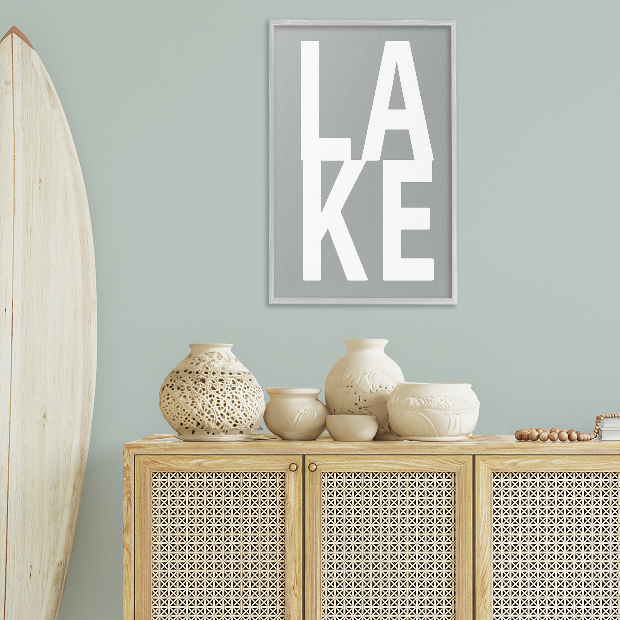Stupell Industries Lake Word on Grey Typography Painting Gray Framed Art Print Wall Art, 20 x 30