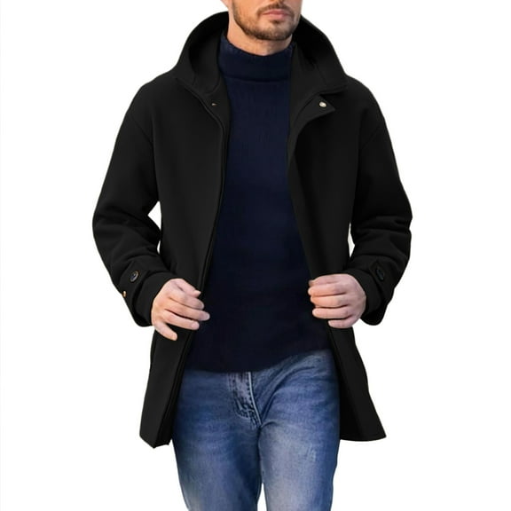 ZUKMRJPC Mens Woolen Winter Coats Classic Solid Color Lapel Collar Hooded Overcoat Slim Fit Winter Warm Casual Peacoat with Pockets