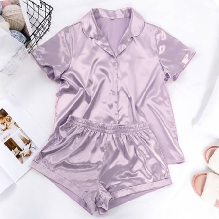 

QWZNDZGR HiLoc Solid Satin Sleepwear Silk Pajamas Set Top And Shorts Two Piece Set Pyjamas Women Pajama Short Sleeve Home Suit Casual