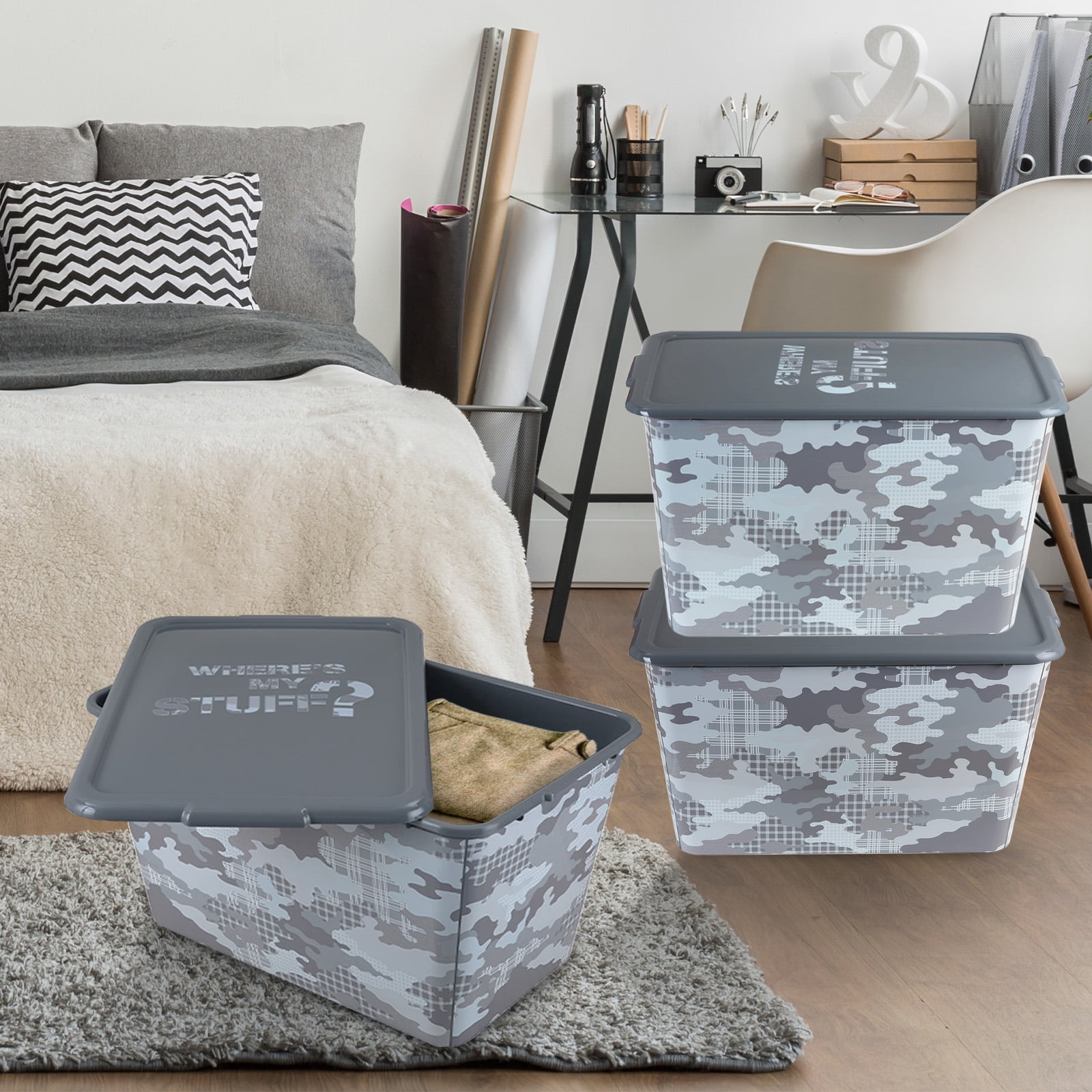 14.5 Gal 4-Pack IML Storage Tote, Stackable Bin with Lid, Organizing Storage, A 14.5-Gallon (58-Quart) -CAMO