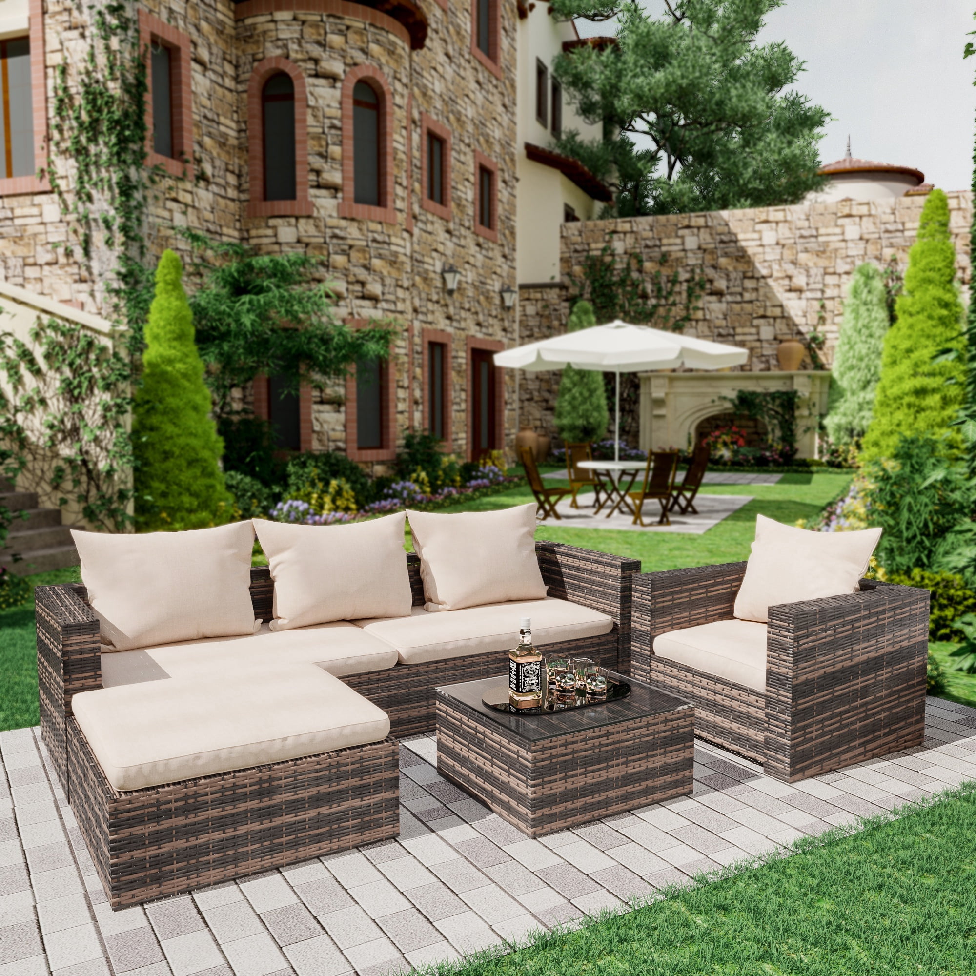 Rattan Patio Sofa Set, 4 Pieces Outdoor Sectional Furniture Set, All-Weather PE Rattan Wicker Patio Conversation Set, Cushioned Sofa Set with Glass Table for Patio Garden Poolside Deck