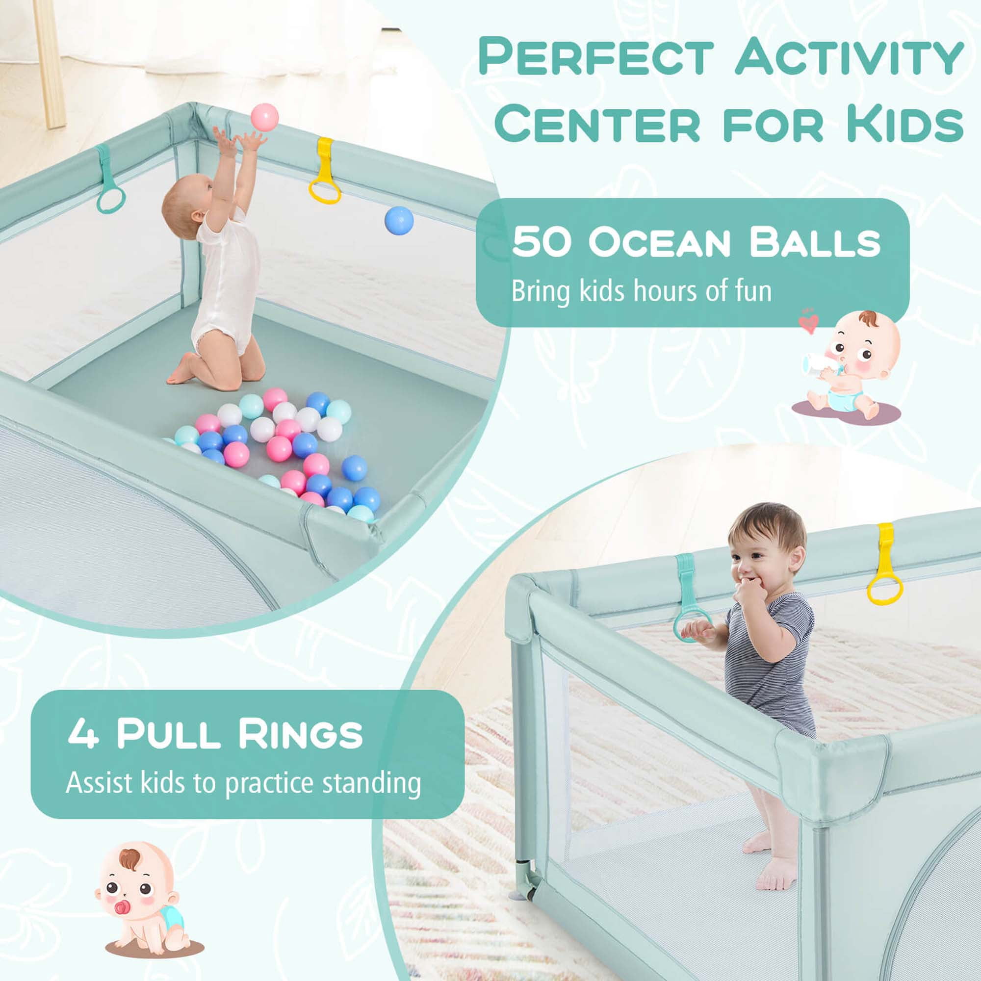 Honeyjoy Baby Playpen Infant Large Safety Play Center Yard with 50 Ocean Balls Light Blue