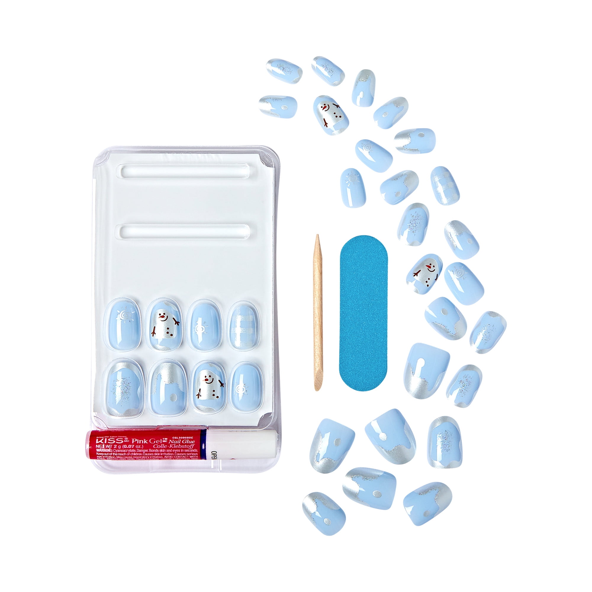 KISS Voguish Fantasy Holiday, Press on Nails, Snowman Nose, Blue, Short Oval, 28 Count