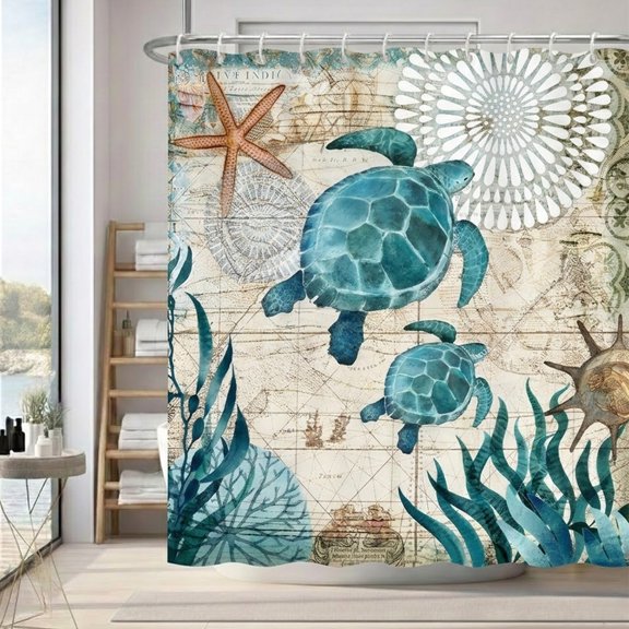72x72in Vintage Nautical Sea Turtle and Starfish Coastal Shower Curtain