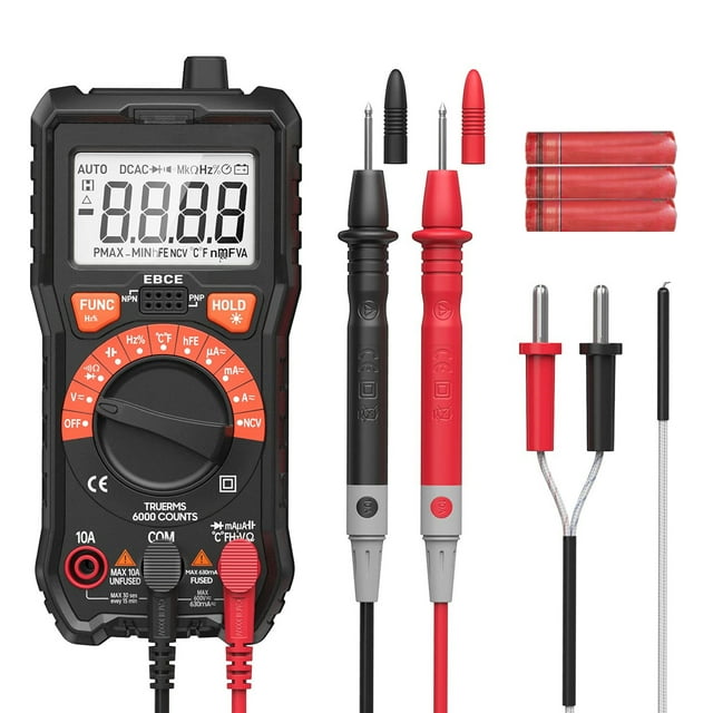 Mistaha Multimètre Numérique avec Auto Portée, Vrais RMS, Lampe de Poche Intégrée, Mesure la Tension/courant AC/DC, Résistance, Capacité, Fréquence, NCV, Température, hFE, Transistors. Inclut Batterie 9V