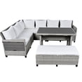 thumbnail image 4 of 5-Piece Outdoor Patio Rattan Sofa Set, L-Shaped Garden Sectional Furniture Set with 2 Extendable Side Tables and A Dining Table, Conversation Sofa Set with Bench for Backyard Poolside, White, 4 of 7