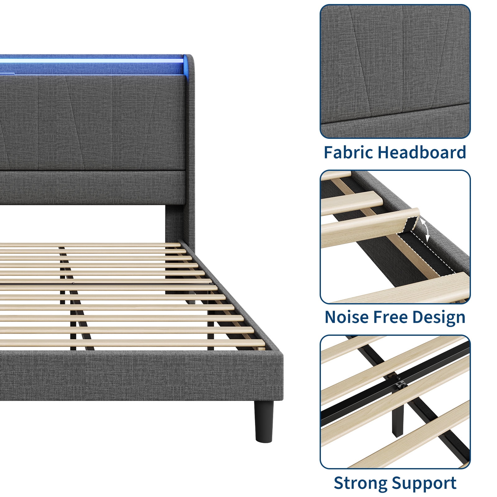 Full Size Bed Frame with LED Lights and Charging Station, Fabric Upholstered Platform Full Bed Frame with Headboard, No Box Spring Needed Bedframe, Noise Free, Easy Assembly, Gray