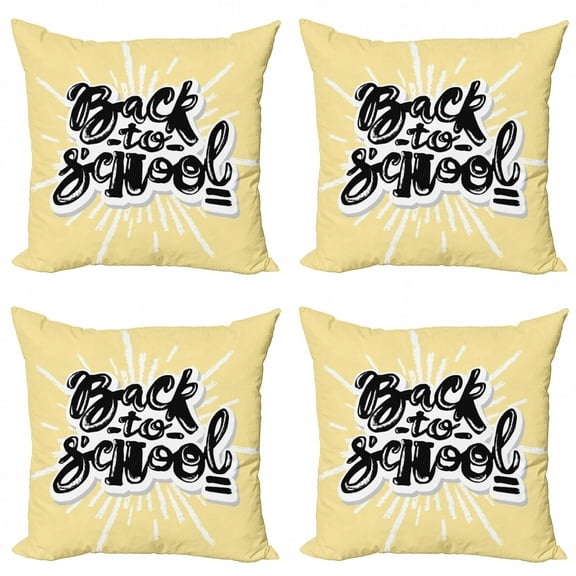 Saying Throw Pillow Cushion Case Pack of 4, Chalky Graffiti Style Back to School Lettering on Sunburst Effect, Modern Accent Double-Sided Print, 4 Sizes, Pale Mustard White, by Ambesonne