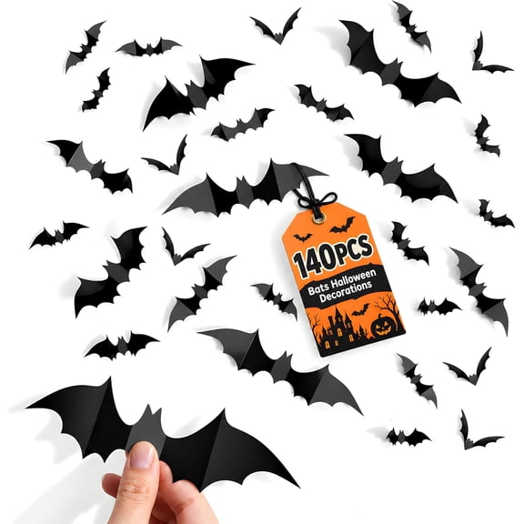 Cleangor 140 PCS Halloween Bat Decorations, 3D Wall Decor, 5 Sizes, Indoor