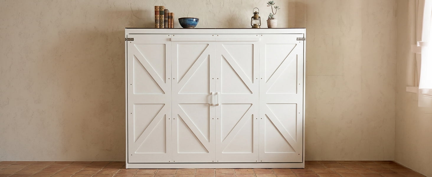 Mintazer Farmhouse Full Murphy Wall Bed with Barn Door & Charge Station, Folding Cabinet Bed for Home Office, White