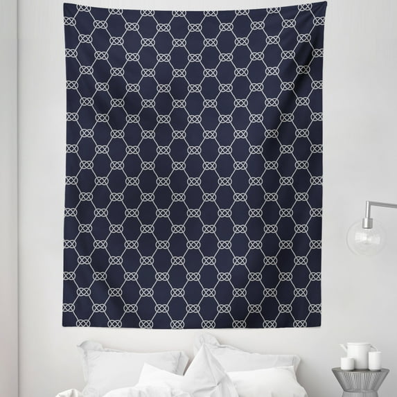Navy Blue Tapestry, Navy Inspired Sailor Knot Pattern Illustration Nautical Abstract Design, Fabric Wall Hanging Decor for Bedroom Living Room Dorm, 5 Sizes, Dark Blue Cream, by Ambesonne