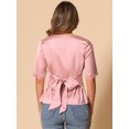 thumbnail image 3 of DARING DIVA Women's Satin V Neck Short Sleeve Ruched Tie Back Tops M Pink, 3 of 6