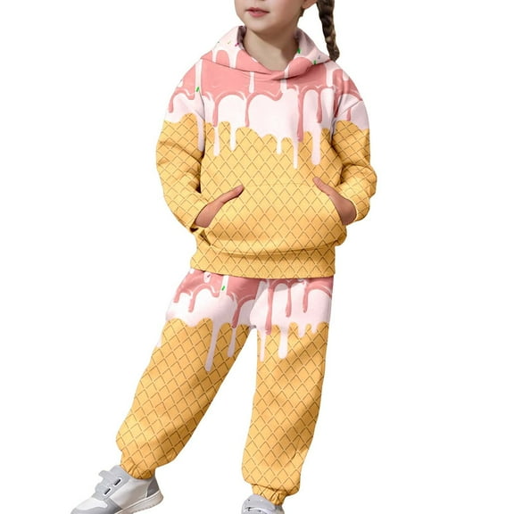 YUEHUA Toddlers Girls Boys 2 Piece Tracksuit Athletic Sweatsuits Sets 3D Ice Cream Prints Hooded Sweatshirt and Jogger Sweatpants Clothing Sets for Kids, Size 8-9 Years