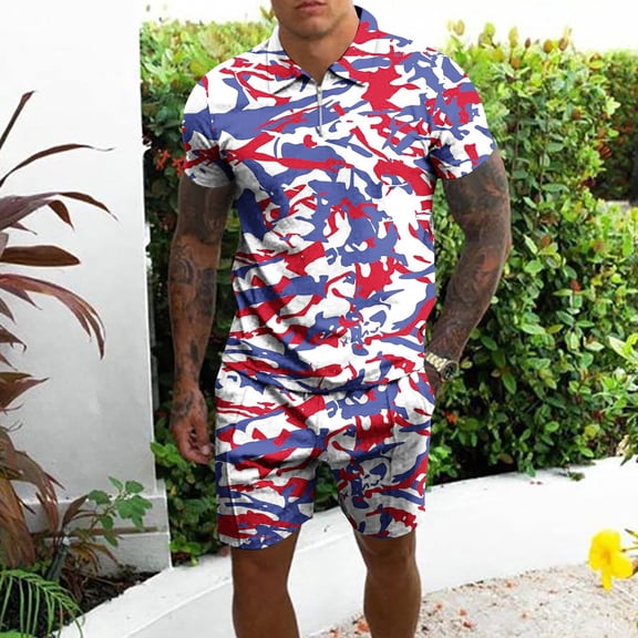 jsaierl 4th of July Outfits Men 2 Piece Patriotic American Flag Print Tees Trendy Crewneck Top and Muscle Drawstring Shorts Sets Track Suits