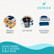 Ostrich The Deluxe 3N1 Lightweight Outdoor Beach Lounge Chair w/Footrest, Blue Stripe