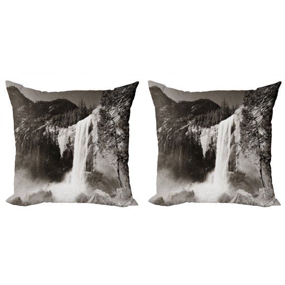 Ambesonne Nature Throw Pillow Cover 2 Pack, Waterfalls in Yosemite, 24", Black White