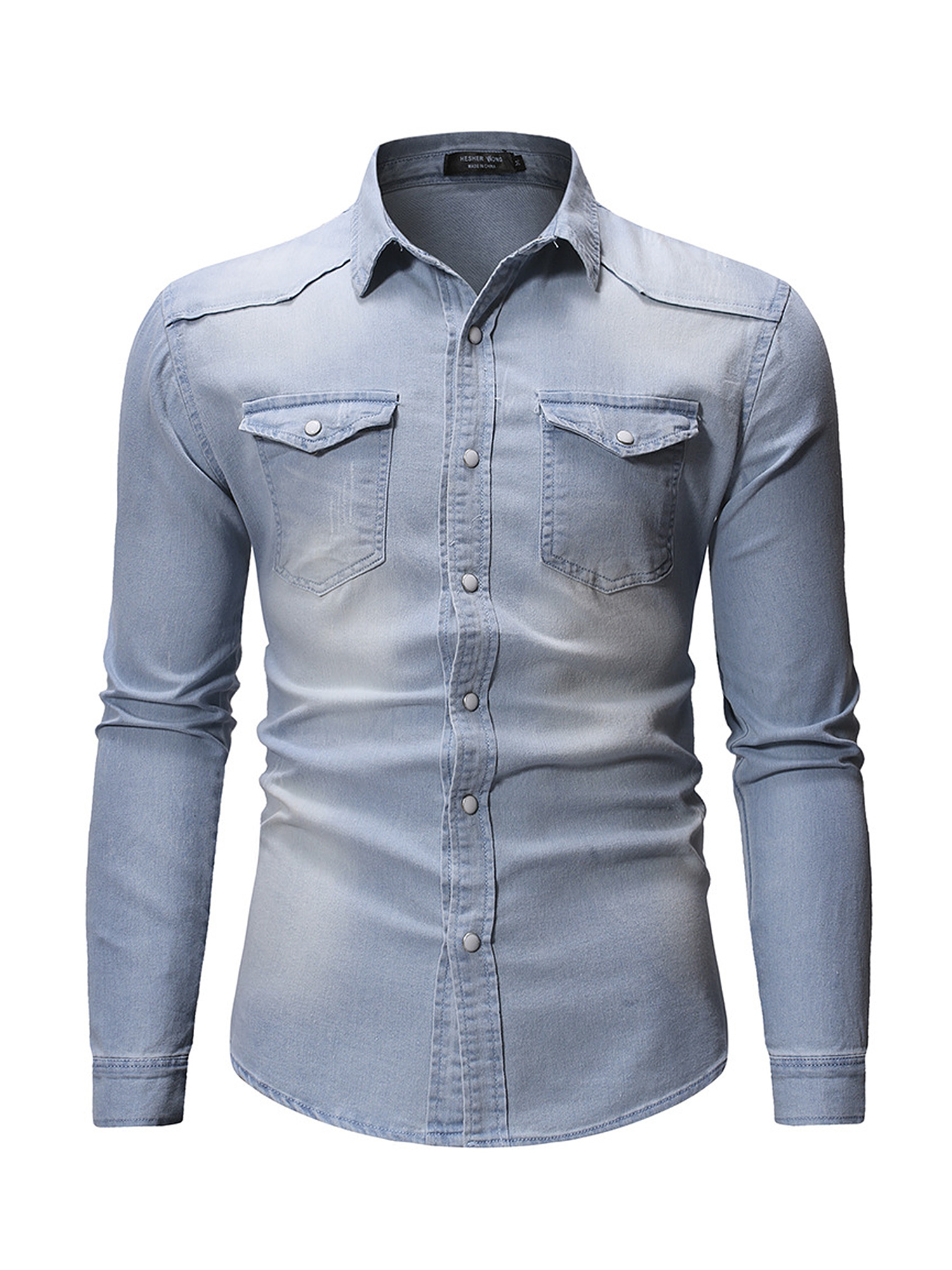 Men's Western Long Sleeve Denim Shirt with Pockets Casual Slim Fit Lapel Tops Button Down Blouse for Winter - image 3 of 4