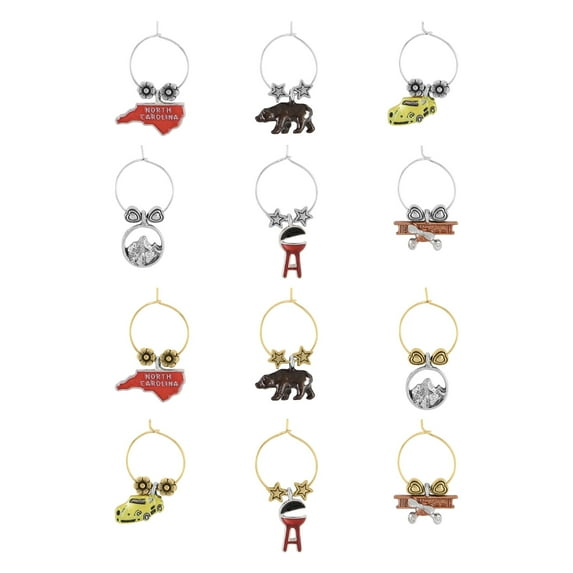 Wine Things 12-Piece North Carolina Wine Charms/Wine Glass Tags/Drink Markers for Stem Glasses