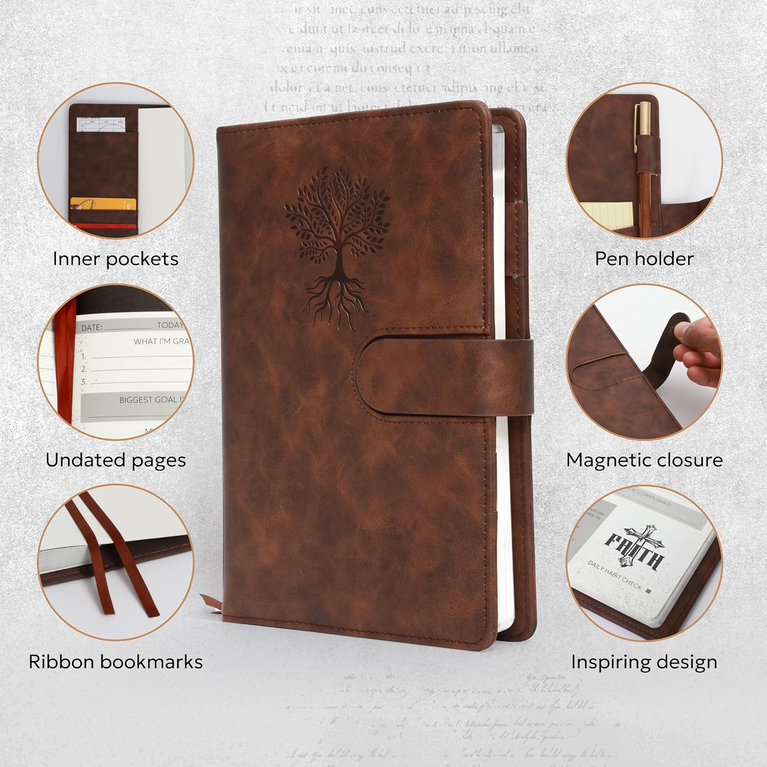 Leather Christian Bible Prayer Journal For Men - Study Scripture Notebook & Planner Undated Religious Daily Devotional, Tree of Life