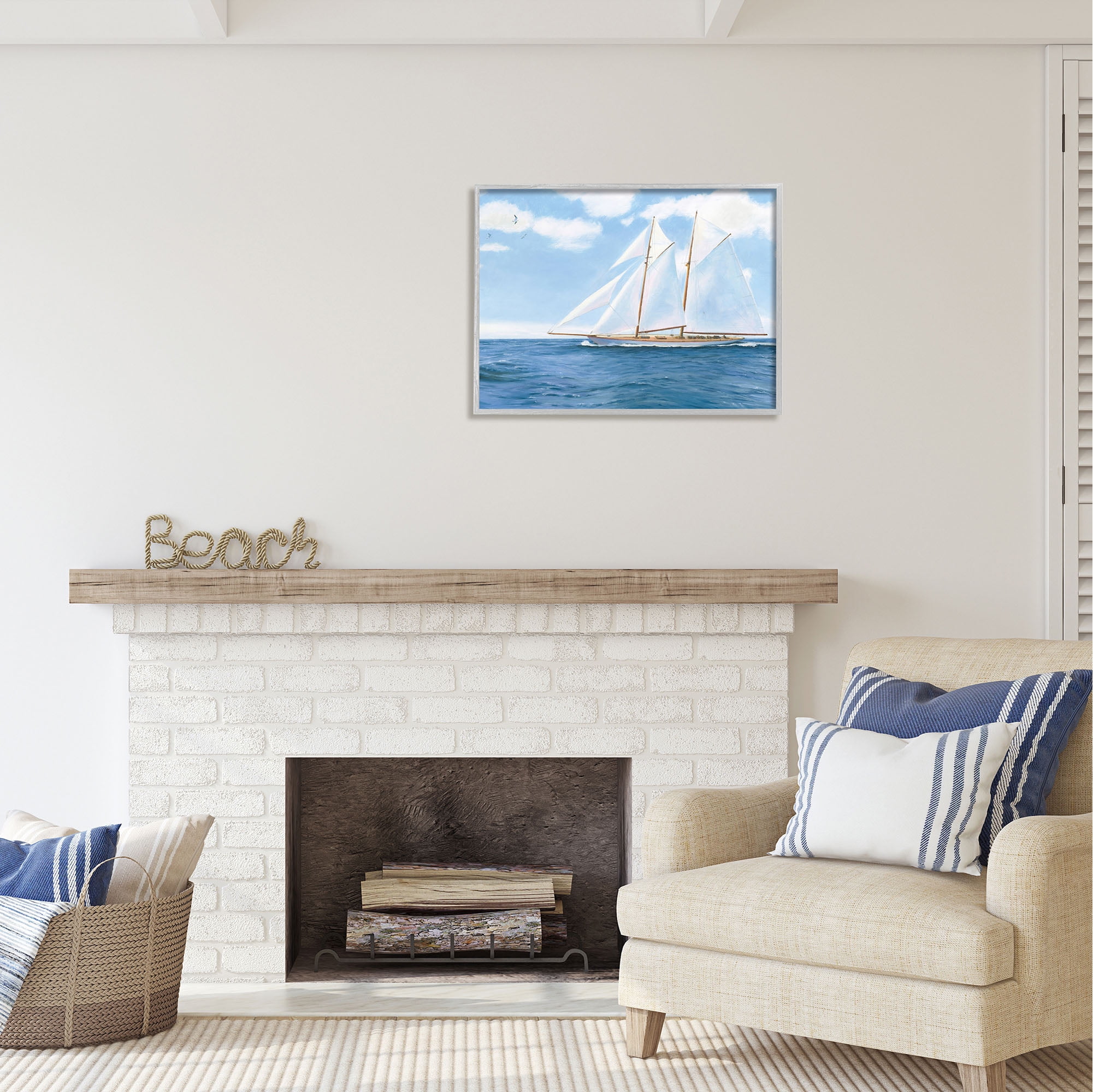 Stupell Industries Blue Nautical Sailboat Transportation Painting Gray Framed Art Print Wall Art, 30 x 24