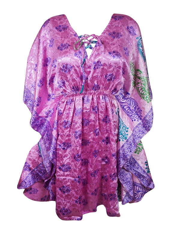 Mogul Pink Tunic Kaftan Dresses, Women's Travel Caftan Short Dress, M-XL