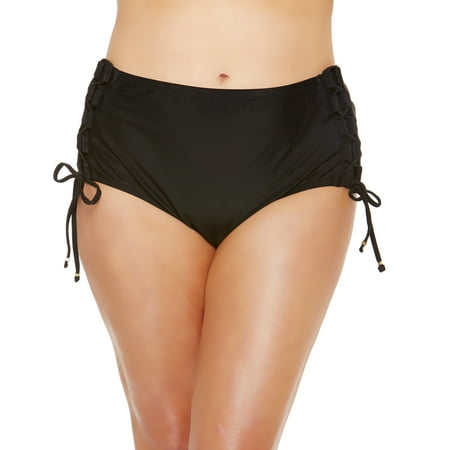 Plaid Womens Swimsuit Bottoms - Women's Plus-Size High-Waisted Solid Bikini Brief Swim Bottom w/Lace-Up Detail