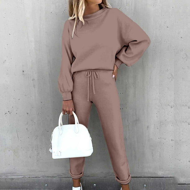 Blvb Women's Solid Sweatsuit Set 2 Piece Long Sleeve Pullover Sweatshirt Drawstring Jogger Pants Tracksuit Sport Outfits Sets Brown Small