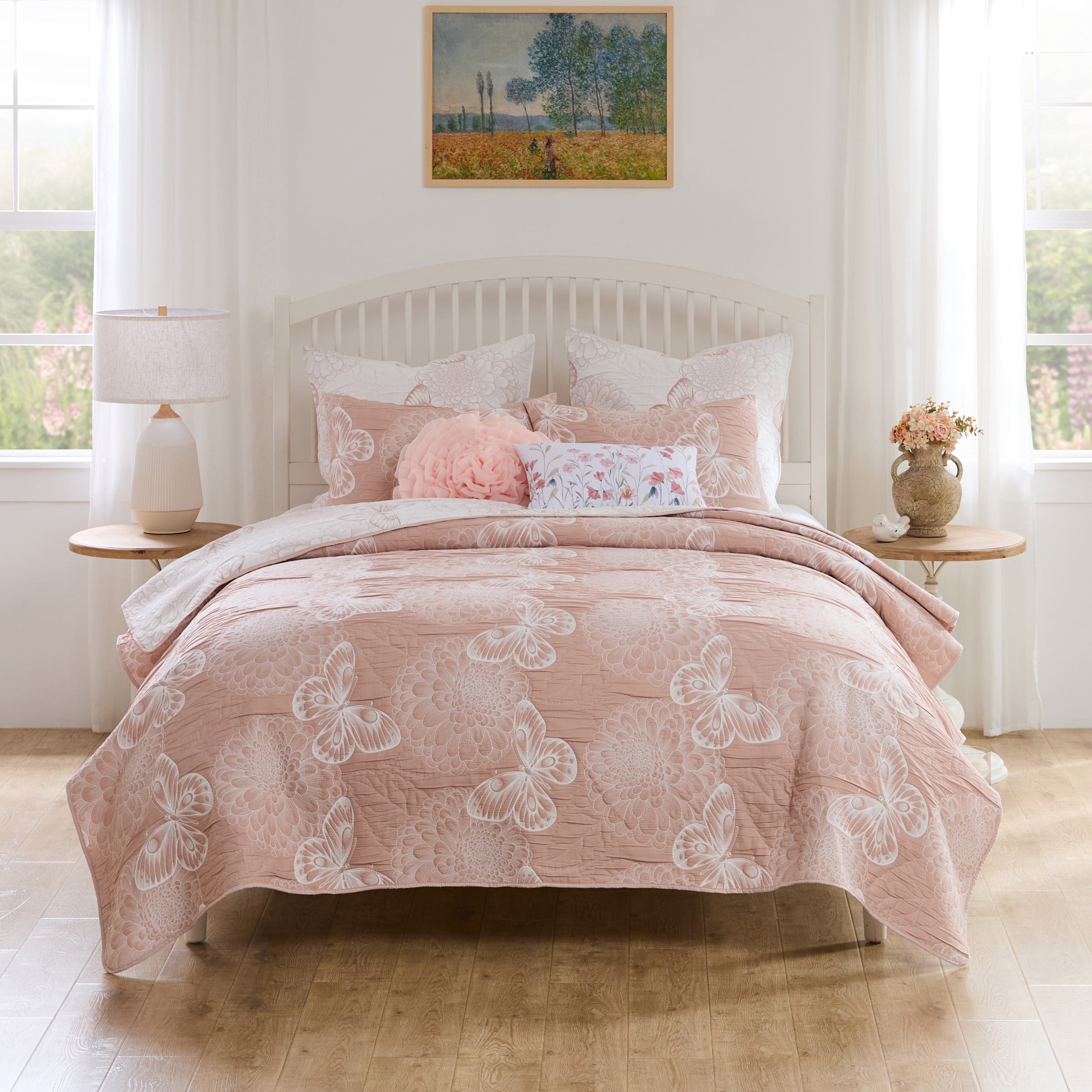 Greenland Home Fashions Mariposa Blossom and Butterfly Pink Matelassé Reversible Coverlet Set, 3-Piece King/Cal King