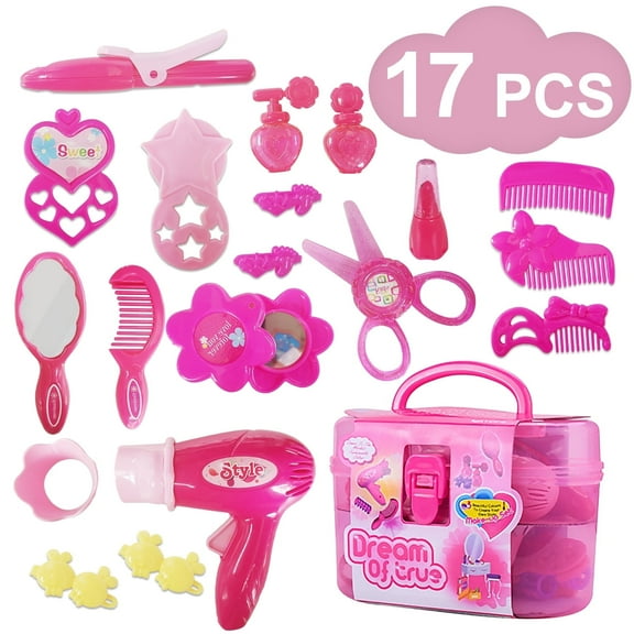 Rirool Little Girl Pretend Play Makeup & Hair Station Set with Case - Beauty Salon Toy Kit for Ages 1-4