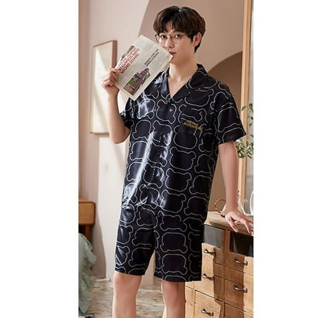 

QWZNDZGR Couple Pajamas For Men and Women Summer Satin Shorts Pijama Lounge Male Home Clothes Suits Silk Sleepwear Couples Pajama Sets