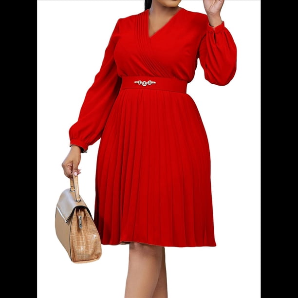 Vestido Midi para Mujer, Vestido de Iglesia, Moda, Cintura Alta, Vestido Informal de Negocios, Vestido de Cóctel con Cinturón Rojo XXL