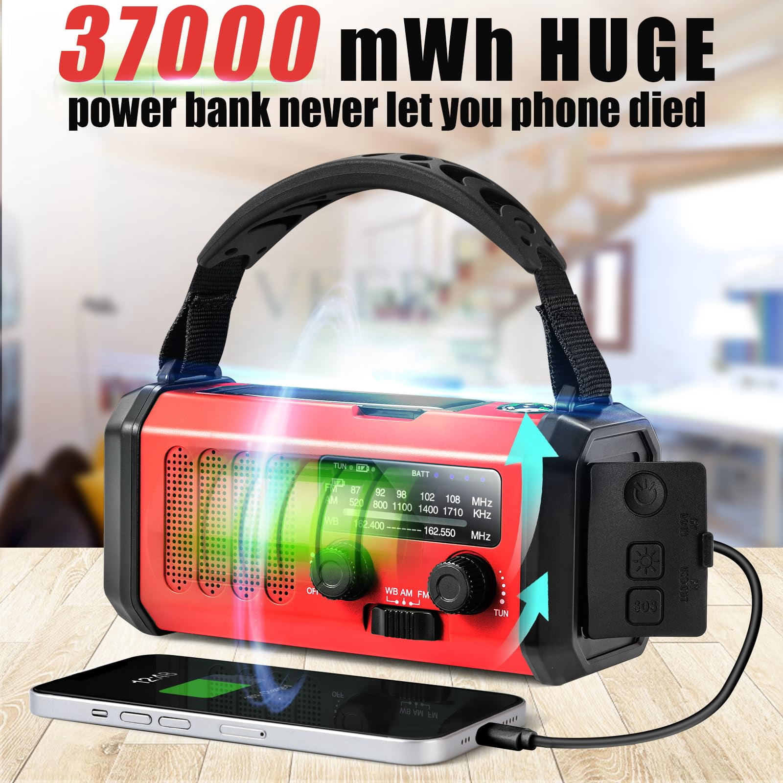 10000mah Emergency Crank Radio  Noaa/am/fm Weather Type-c Charge Solar Charging Sos 3 Modes Led Reading Lamp Compass For Outdoor (red)