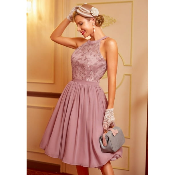 Vestido largo de mujer con cuello halter, vestido de cóctel para mujer, vestido de encaje de gasa
