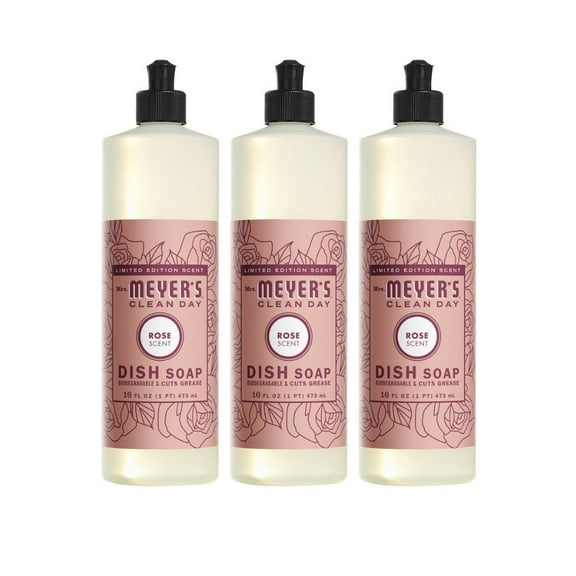 Mrs. Meyer's Clean Day Liquid Dish Soap, Rose Scent, 16 Fluid Ounce, 3 Count
