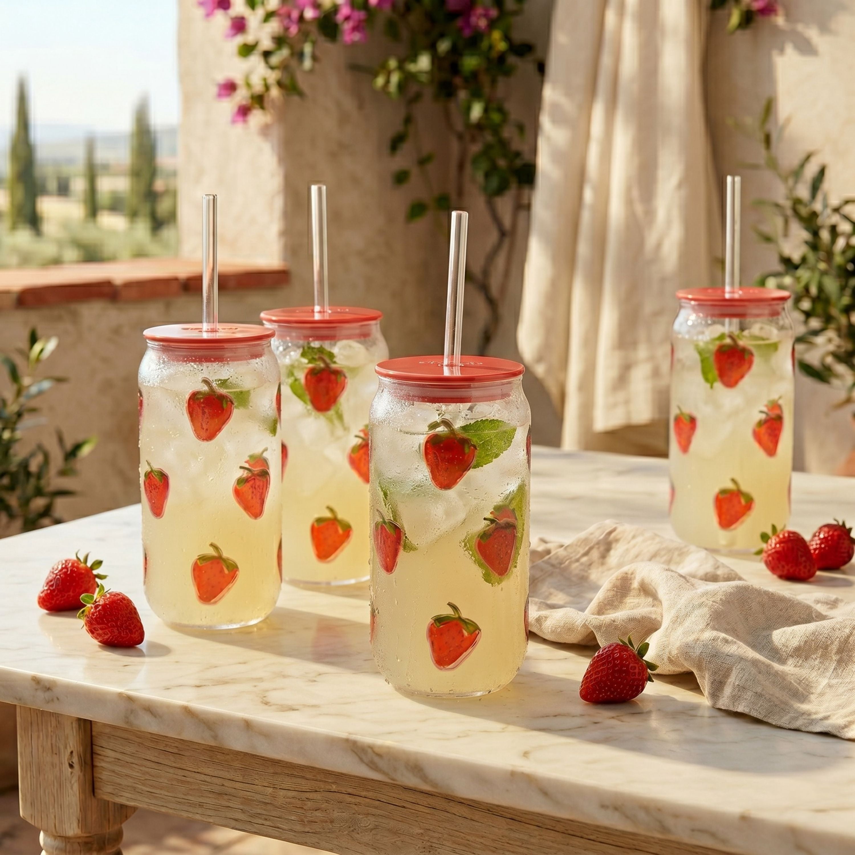 Just Feed Me by Jessie James Decker 4-Piece 18oz Embossed Strawberry Can Sipper Tumbler with Straw Set