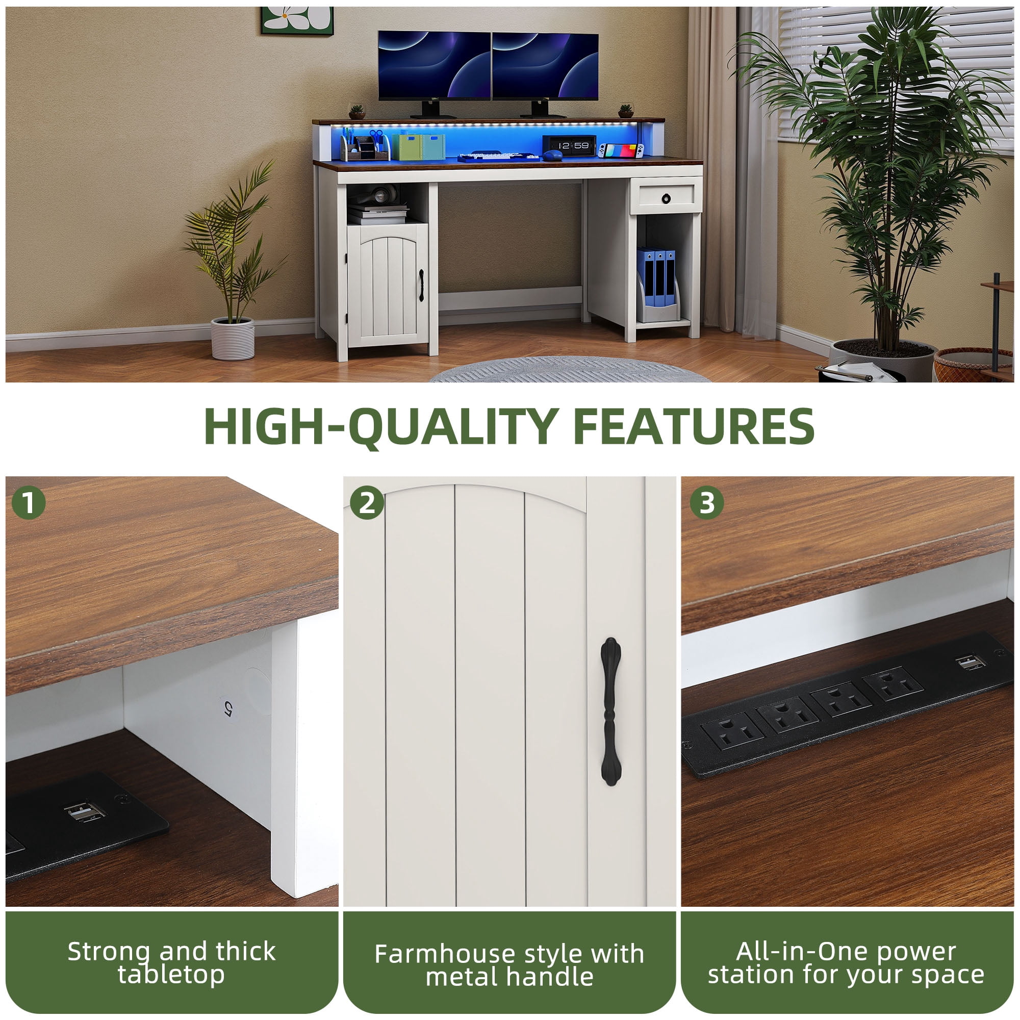Uforic Office Computer Desk with LED Lights & Storage Shelves, Gaming Desk with Drawer & Door, White