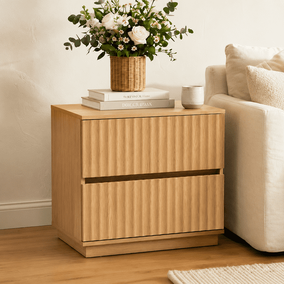 VITALOOM Natural Oak Fluted Nightstand, 2 Drawer Bedside Table with Ribbed Fronts, Handleless Design, Japandi Modern Storage Cabinet