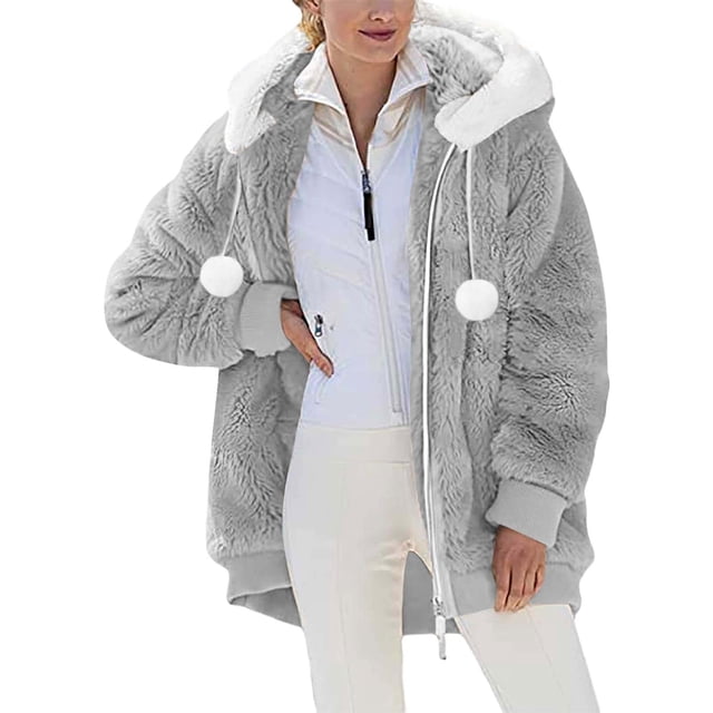 Veste Réversible Grande Taille Femme Chaude à Capuche Zippée Manteau Coréen Mode Confortable Couleur Unie