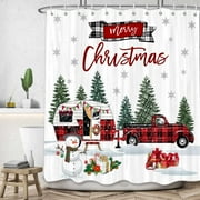 Newhomestyle Christmas Shower Curtain, Black and Red Buffalo Check Plaid Farmhouse Truck Snowman Camping Fabric Shower Curtains Set for Bathroom, 72x72 inches