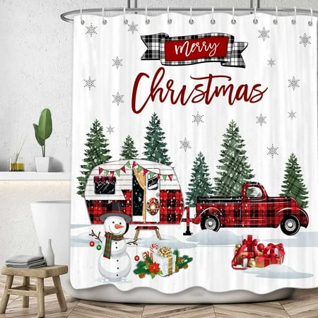 Newhomestyle Christmas Shower Curtain, Black and Red Buffalo Check Plaid Farmhouse Truck Snowman Camping Fabric Shower Curtains Set for Bathroom, 72x72 inches