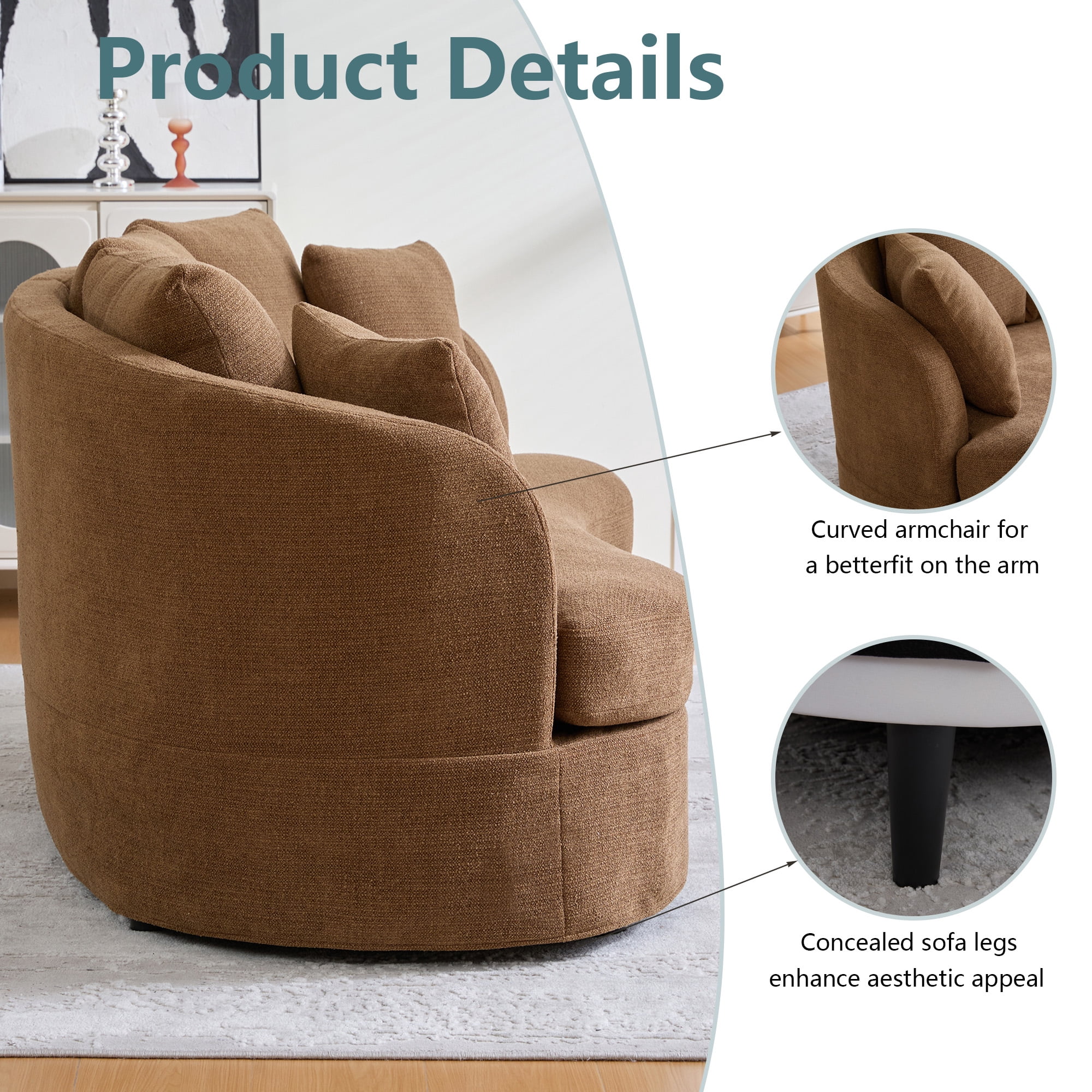 Arouseden 74" Curved Sofa for Small Spaces,Curved Loveseat Couch with 3 Cushions and 2 Throw Pillows,Chenille Loveseat with Curved Backrest,2 Seater Sofas Couch for Living Room(Curved/Camel)