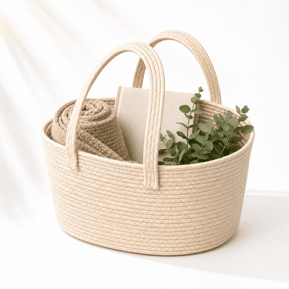 Cotton Rope Storage Basket with Handles, Handwoven Decorative Basket, Picnic Basket Organizer for Outdoor Activities, Blanket Storage Basket for Home, Beach and Living Room