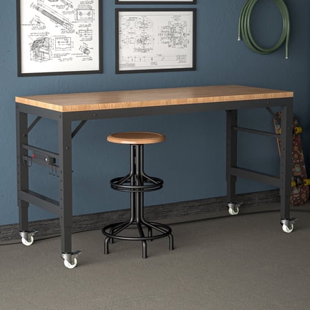 LZBEITEM 60” Large Rolling Power Strip Workbench, Solid Oak, Adjustable Height, 2000 lbs Capacity