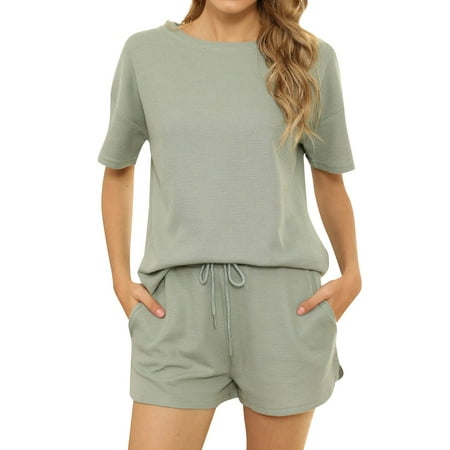 

ZXZY Women Waffle Round Neckline Tee Pockets Drawstring Shorts Pajamas Set