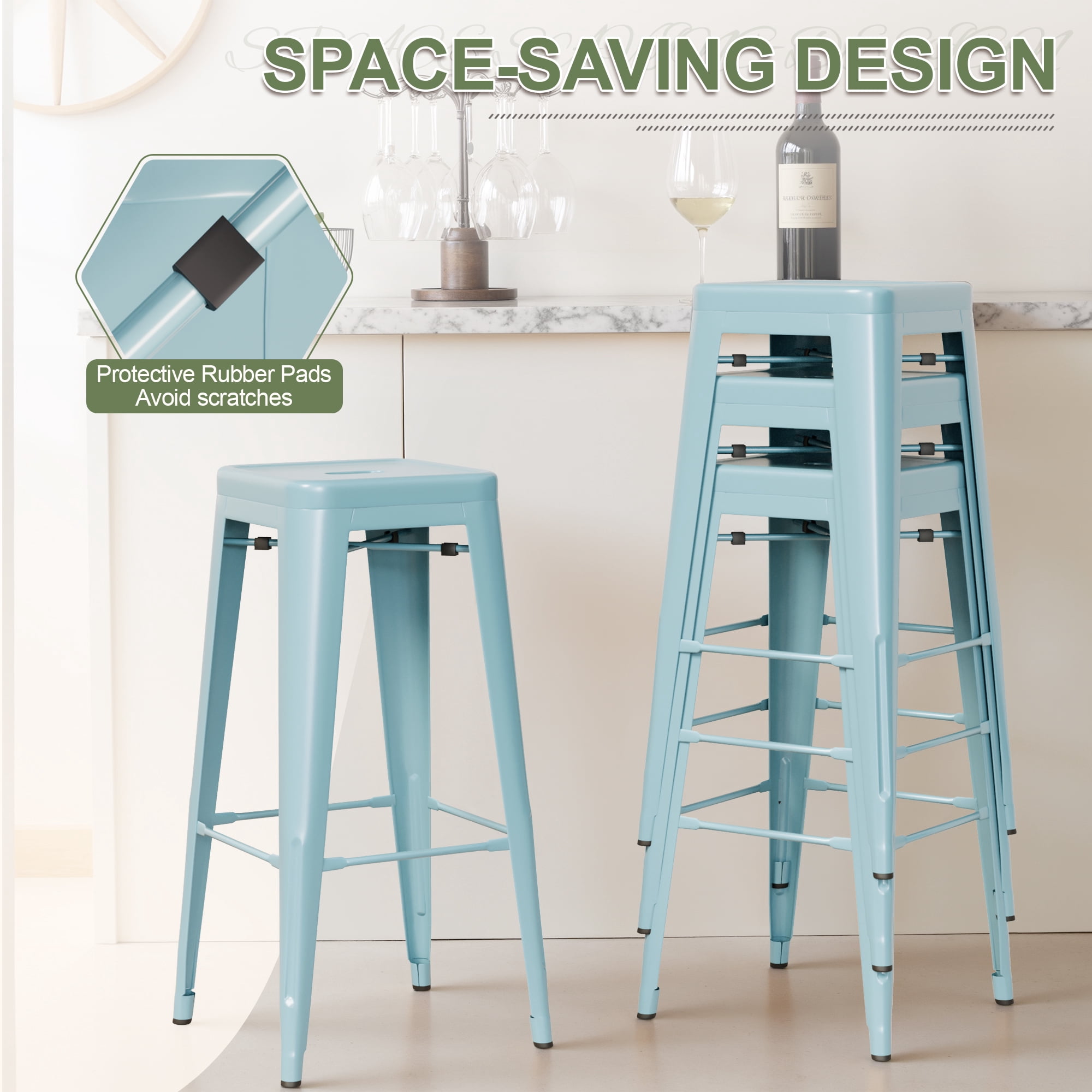 VINEEGO 30 inches Metal Bar Stools High Backless Stackable Stools Indoor-Outdoor Counter Stools Set of 4 (Blue))