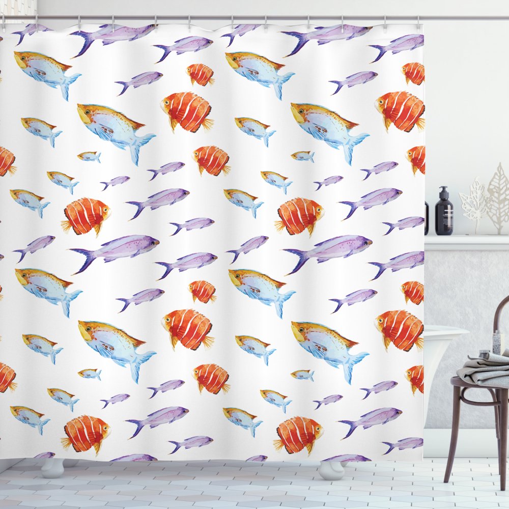 Fish Shower Curtain, Underwater Life Themed Art with Tropical Goldfish and Mackerel in Pastel