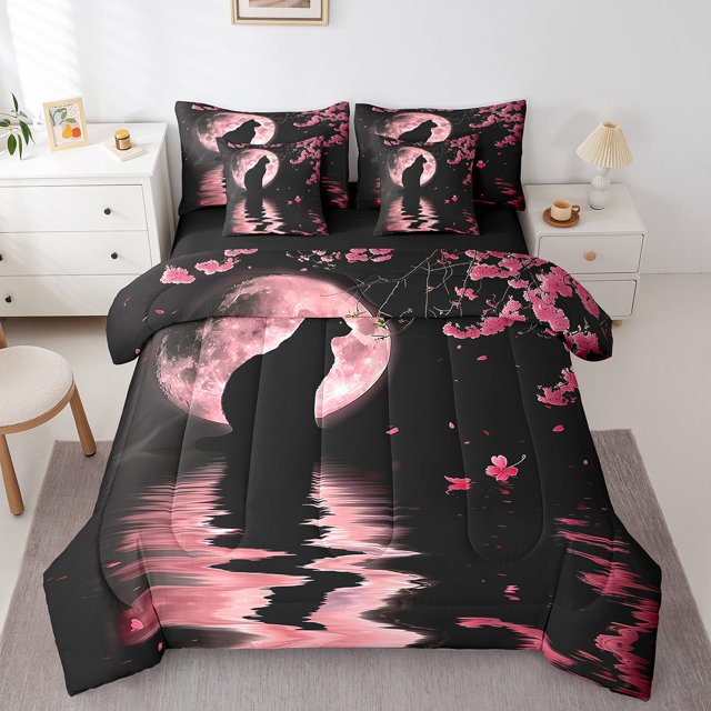 Erosebridal Cat Print Bedding Twin Comforter Set, Cherry Blossoms Down Comforter, 3D Moon Decor, Reversible 7 Pieces