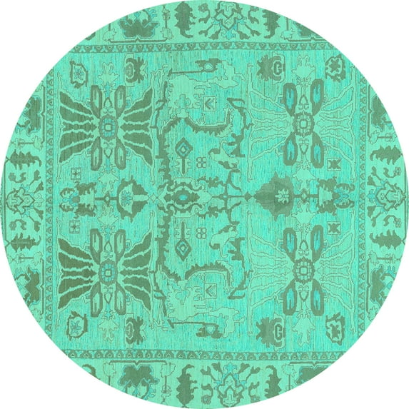 Ahgly Company Machine Washable Indoor Round Oriental Turquoise Blue Traditional Area Rugs, 8' Round